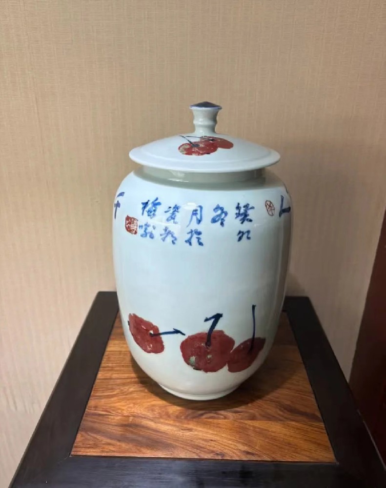 大写意青花釉里红大茶叶罐景德镇纯手工手绘瓷器